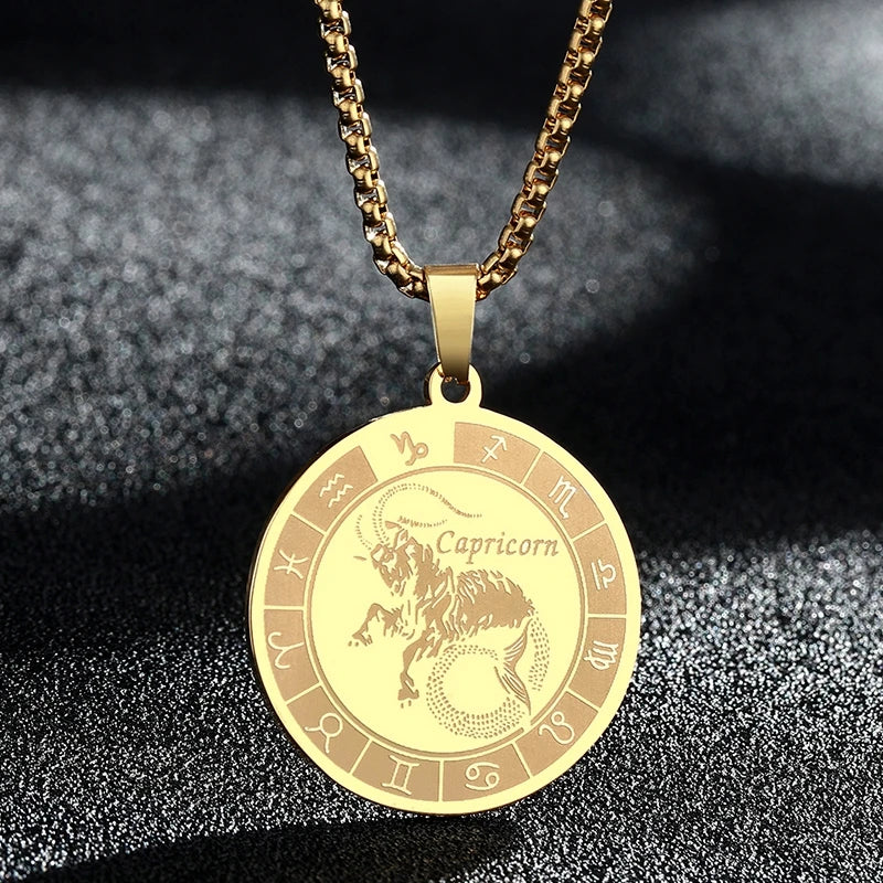 Stainless Steel Zodiac Sign Necklace For Women Men 12 Constellation Libra Symbol Pendant Necklace Amulet Collar Men Jewelry Gift