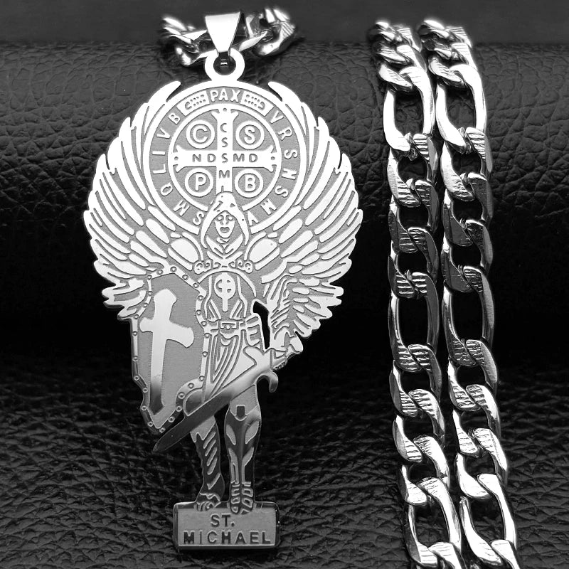 St. Michael Saint Benedict Cross Necklace — Stainless Steel