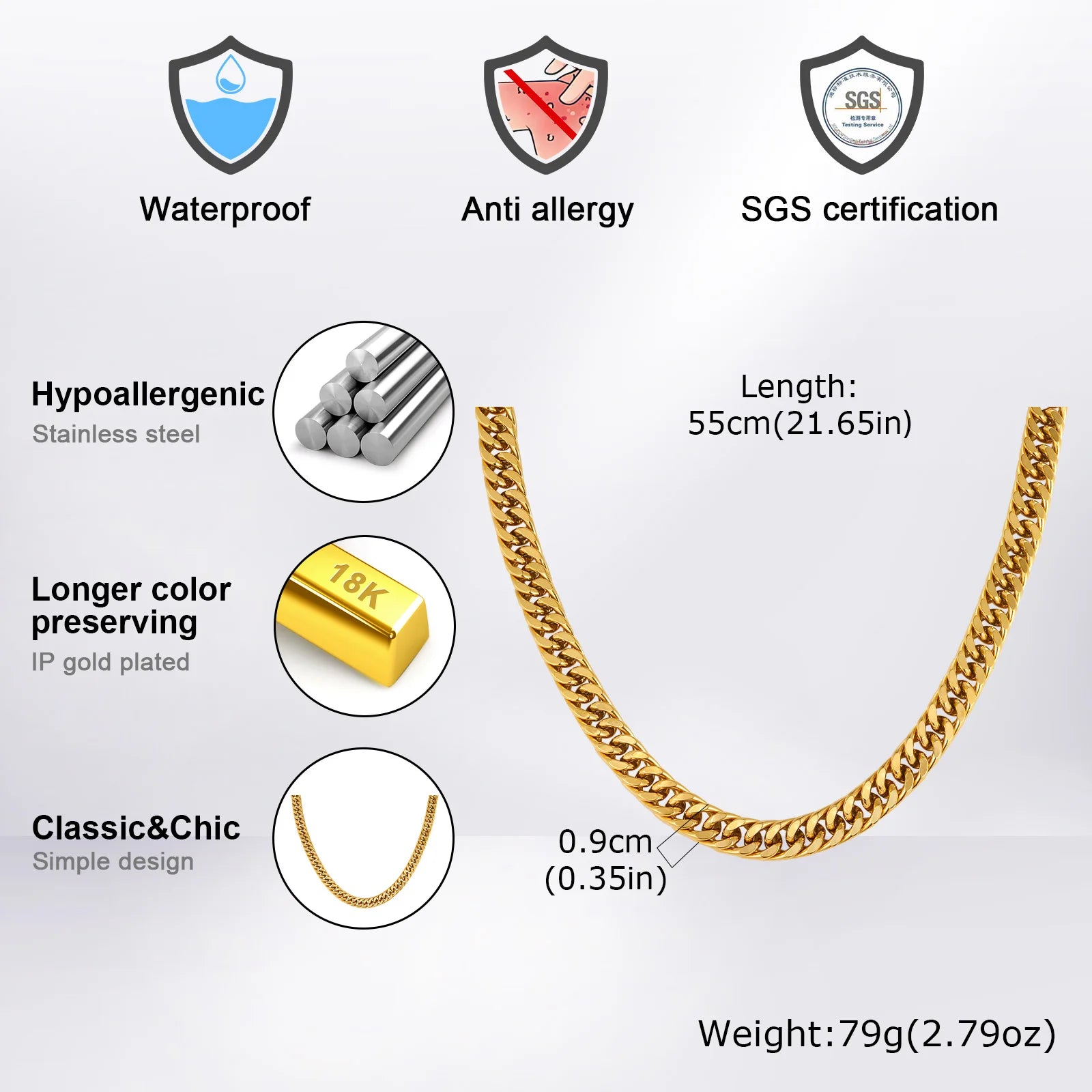 Punk Classic 3/5/7/9mm Width Cuban Chain Stainless Steel Necklace for Men Male Hip Hop Jewelry Accessories 50cm 55cm 60cm 70cm