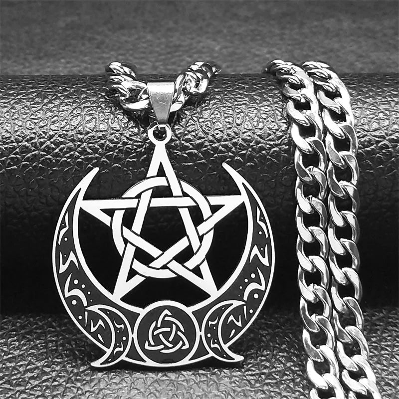 Wicca Triple Moon Pentagram — Stainless