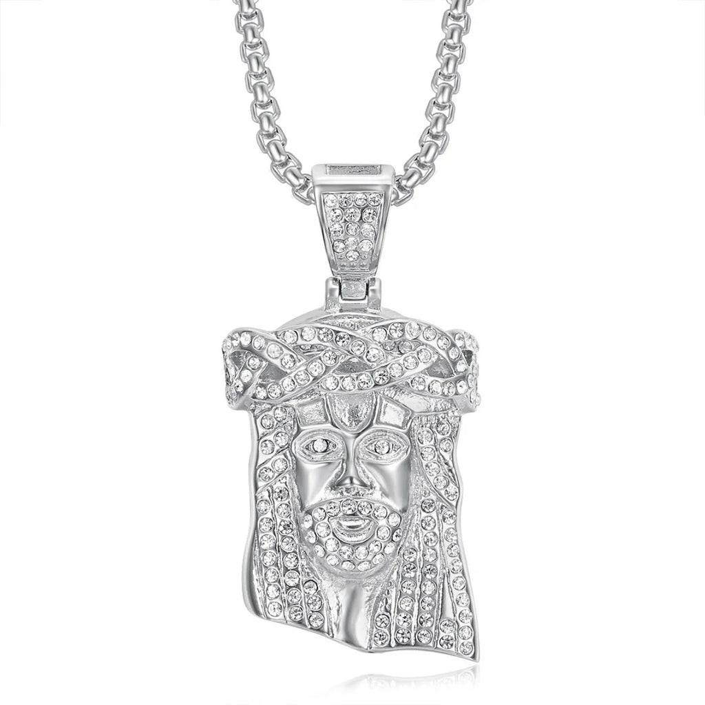 Religious Iced Out Bling Christ Jesus Head Pendant Stainless Steel Cubic Zirconia Christian Necklace for Women Men Jewelry Gift