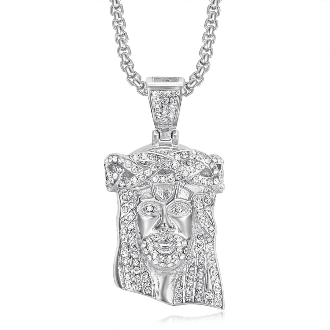 Religious Iced Out Bling Christ Jesus Head Pendant Stainless Steel Cubic Zirconia Christian Necklace for Women Men Jewelry Gift