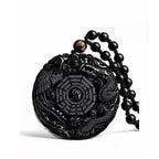 Obsidian Gossip Pendant Necklace Carving Dragon and Phoenix Shape Lucky Amulet Jewelry Six-Character Mantra Pearl