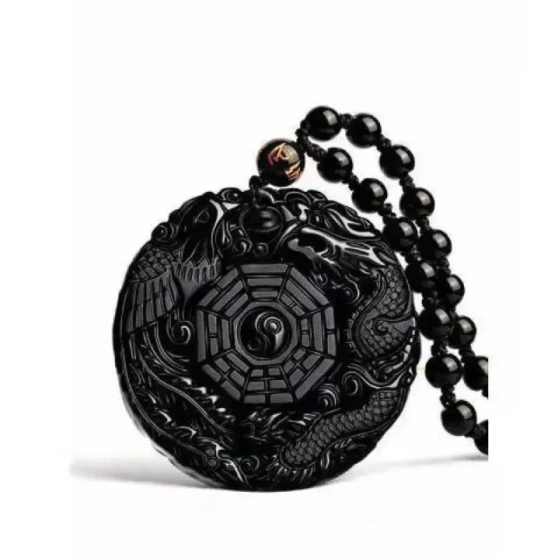 Obsidian Gossip Pendant Necklace Carving Dragon and Phoenix Shape Lucky Amulet Jewelry Six-Character Mantra Pearl