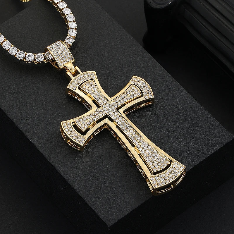 Men Women Hip Hop Large Rhinestone Cross Pendant Necklace With 4mm Tennis Chain Iced Out HipHop Necklaces Jewelry Fashion Gift