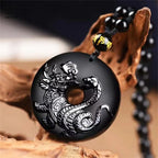 Natural Black Obsidian Xuanwu Tortoise Snake Pendant Five Elements Water Element Feng Shui Amulet Unisex Men Women Necklace