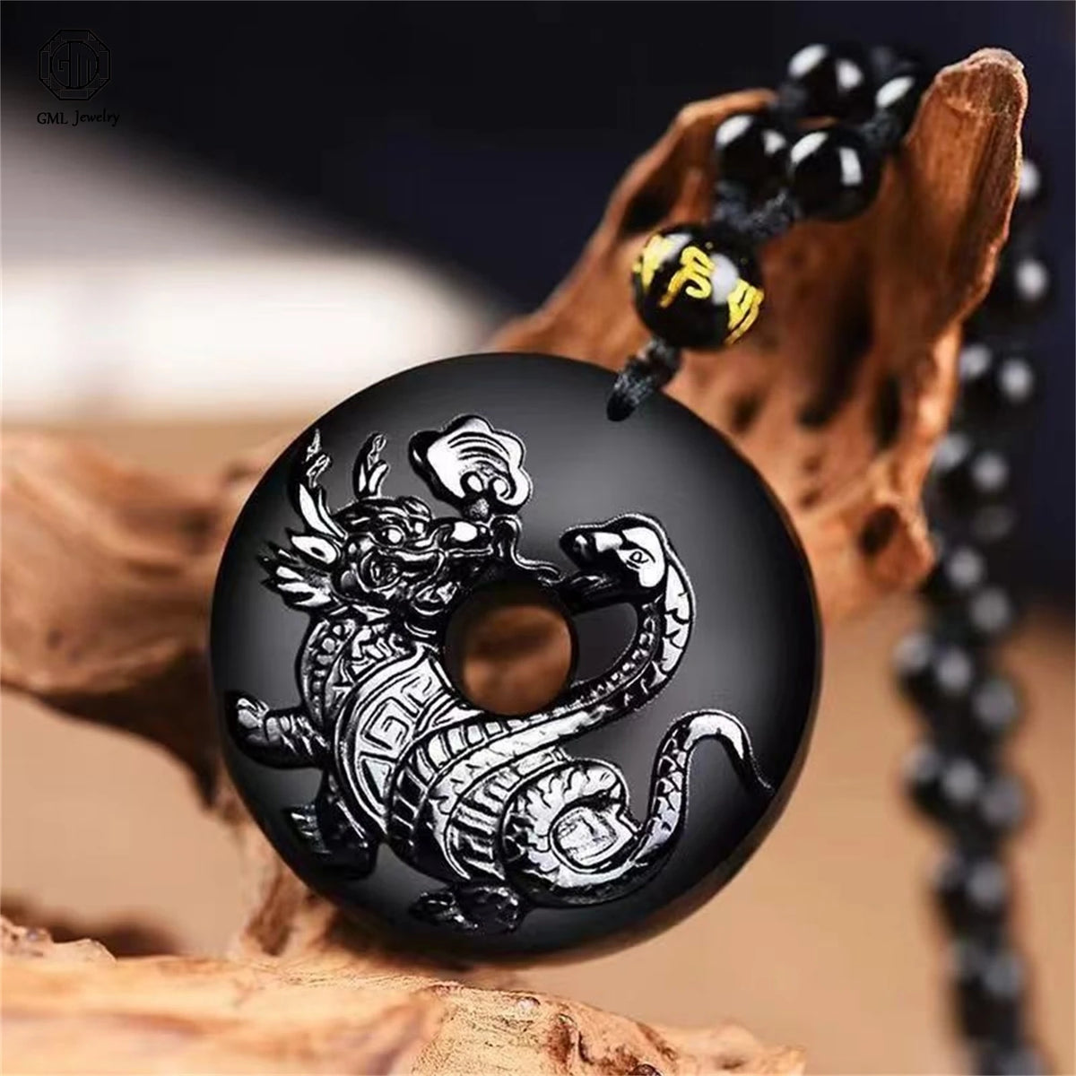 Natural Black Obsidian Xuanwu Tortoise Snake Pendant Five Elements Water Element Feng Shui Amulet Unisex Men Women Necklace