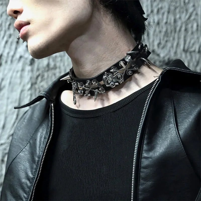 2025 New Punk Necklace Rivets Leather Metal Hip Hop Rock Cool Unisex Choker Neck Accessories for Women Men Jewelry