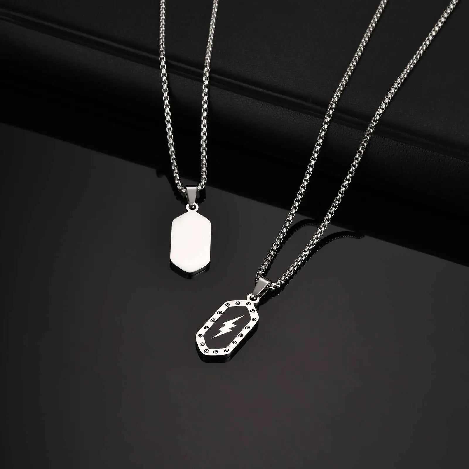 Stylish Lightning Pattern Necklace for Men,Black Enamel Hexagonal Stainless Steel Pendant,Punk Jewelry Gift for Him