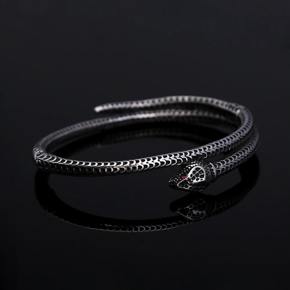 Gothic Vintage Viking Snake Bracelet With Red Stone For Men Women Stainless Steel Punk Rock Animal Bangles Fashion