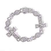 Two-Tone Cross Cuban Bracelet Iced Out Baguette — Stainless Steel