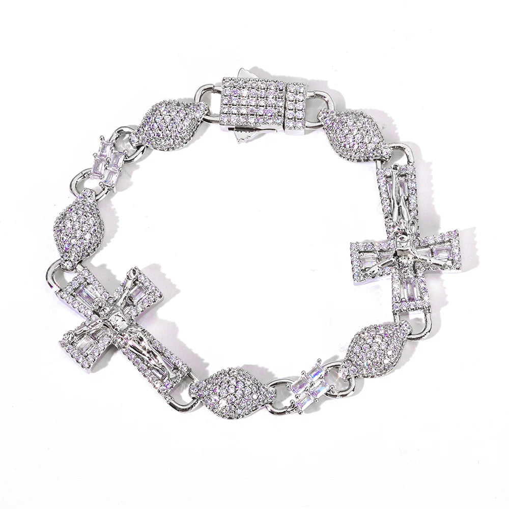 Two-Tone Cross Cuban Bracelet Iced Out Baguette