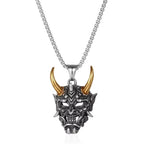 Retro Punk Demon Mask Samurai Ghost Pendant Necklace, Unisex Long Chain, Hip-Hop Rock Party Necklace Gift Accessory