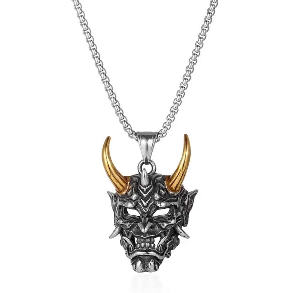 Retro Punk Demon Mask Samurai Ghost Pendant Necklace, Unisex Long Chain, Hip-Hop Rock Party Necklace Gift Accessory