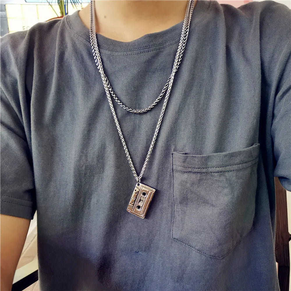 Punk Hip Hop Cassette Necklace Vintage Stainless Steel Men Necklace Chain Fashion Nightclub Rock Jewelry Gift