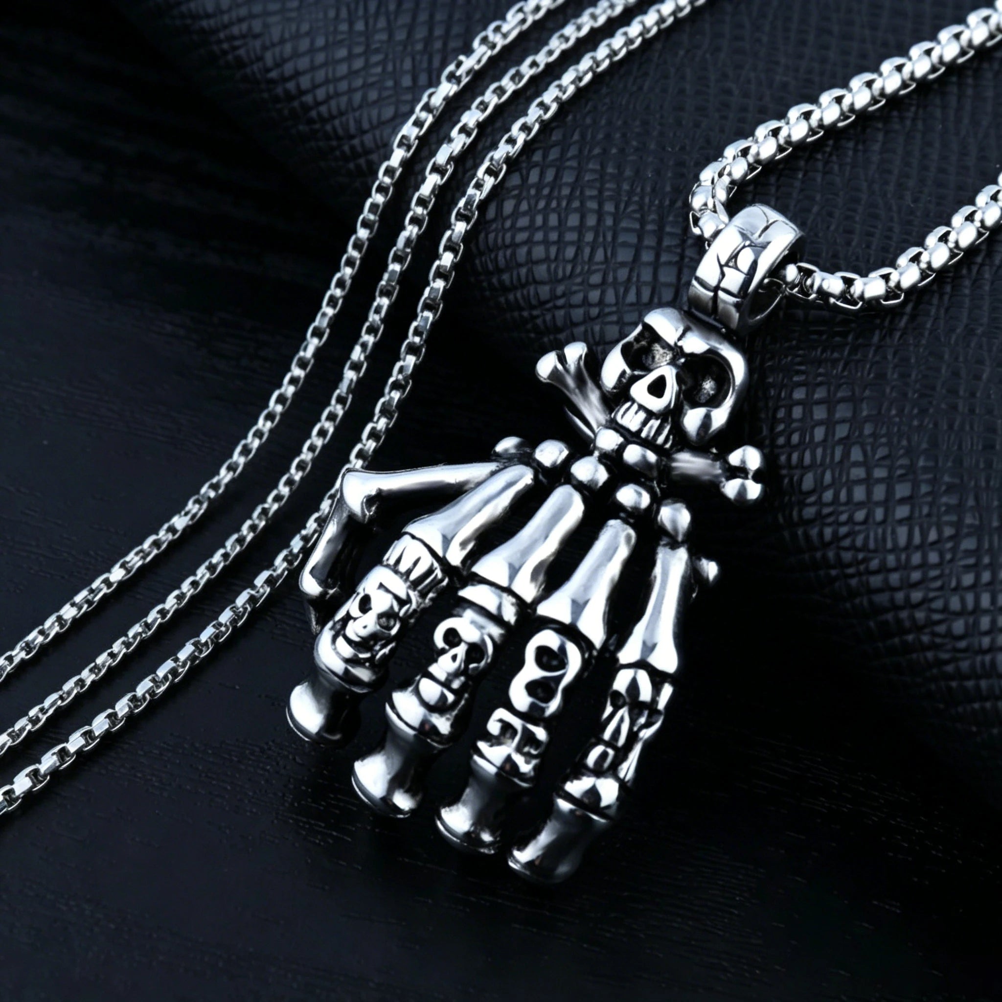 Silver Skull Hand Pendant Necklace Stainless Steel