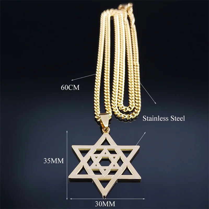 Hip Hop Star Of David Shield Hexagram Pendant Necklace for Men Fashion Stainless Steel Gold Color Chain Star Shape Jewelry Gift