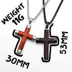 Wood Cross Pendant Necklace — Stainless Steel
