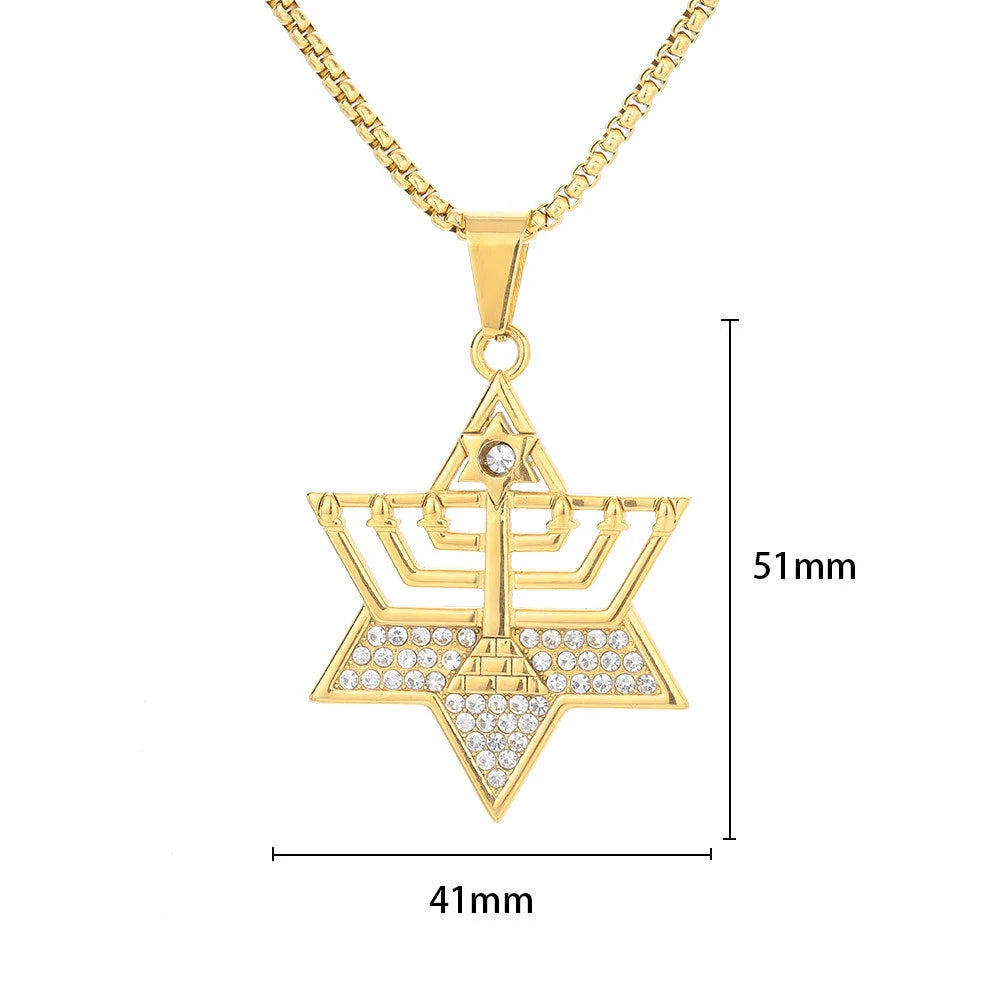 Religious David of Star Hexagram Iced Out Zirconia Pendant Women Gold Color Stainless Steel Necklace for Men Jewish Jewelry Gift