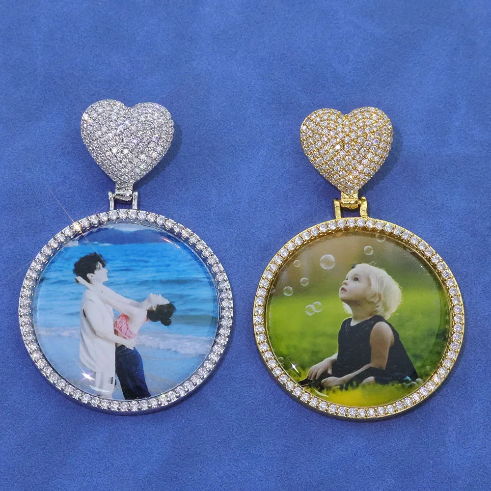 Gold Heart Photo Pendant Necklace 18K Iced Out