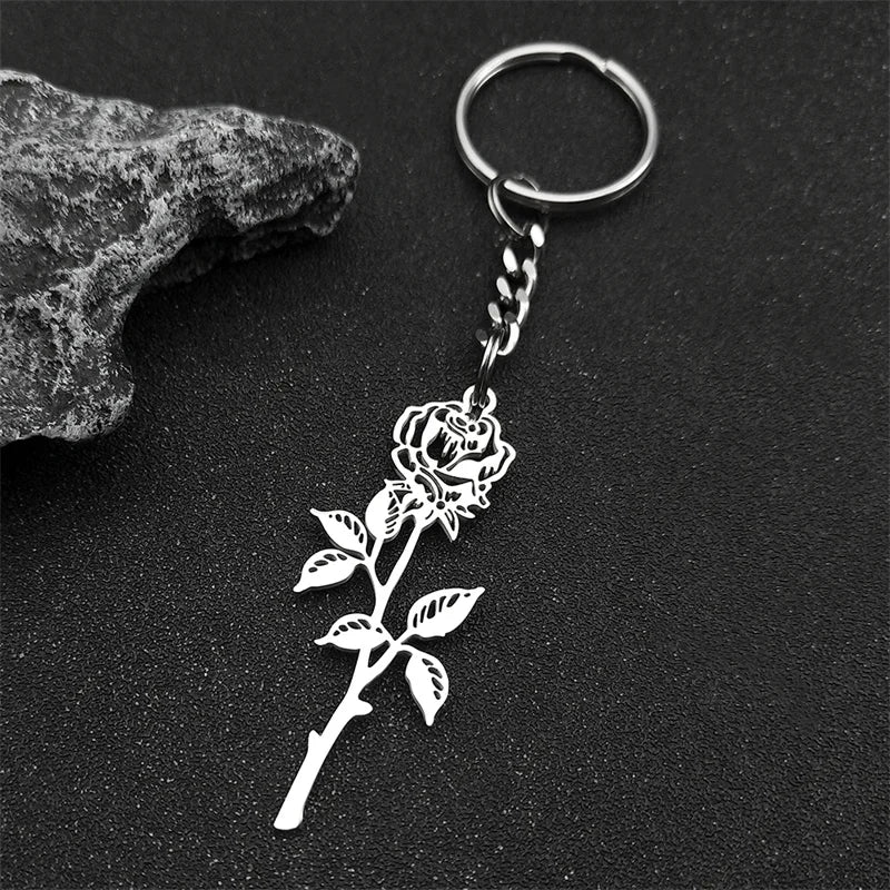 Rose Flower Silver Pendant Keychain — Stainless Steel