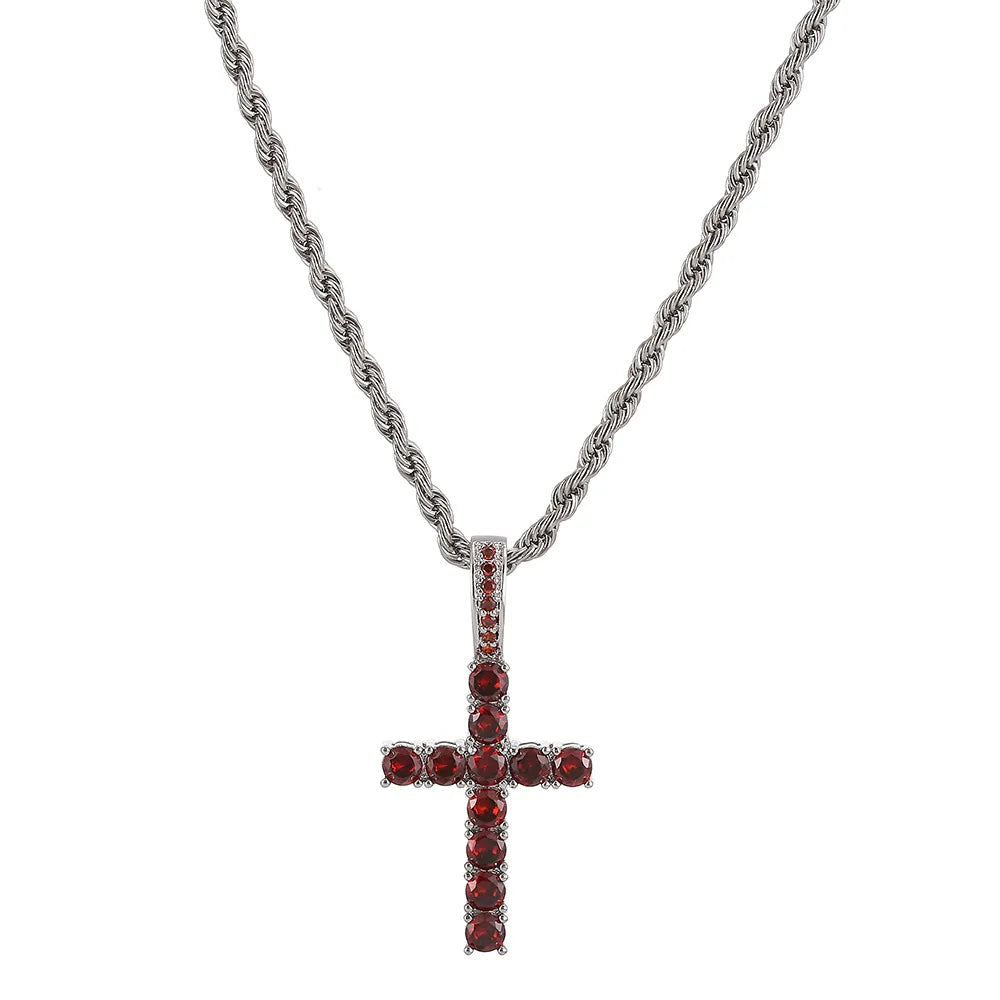 Two-Tone Iced Out Cross Pendant Red Zircon