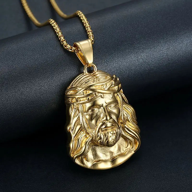 Stainless Steel Titanium Hip Hop God Jesus Human Head Luxury Gold Plated Pendant Collar Chains Necklace for Men Women