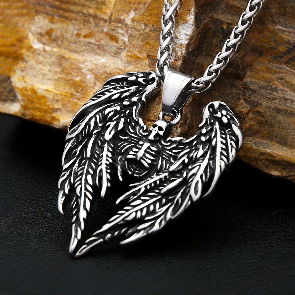 New 316L Stainless Steel Skull With Angel Wings Pendant Necklaces For Men Boys Gothic Hip Hop Biker Jewelry Gifts