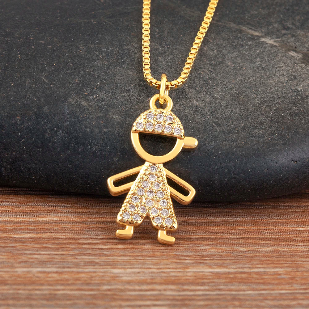 New Fashion Pave Shiny Crystal Zircon Girls Boys Son Daughter Pendant Necklace For Female Male Chain Link Jewelry Accessories