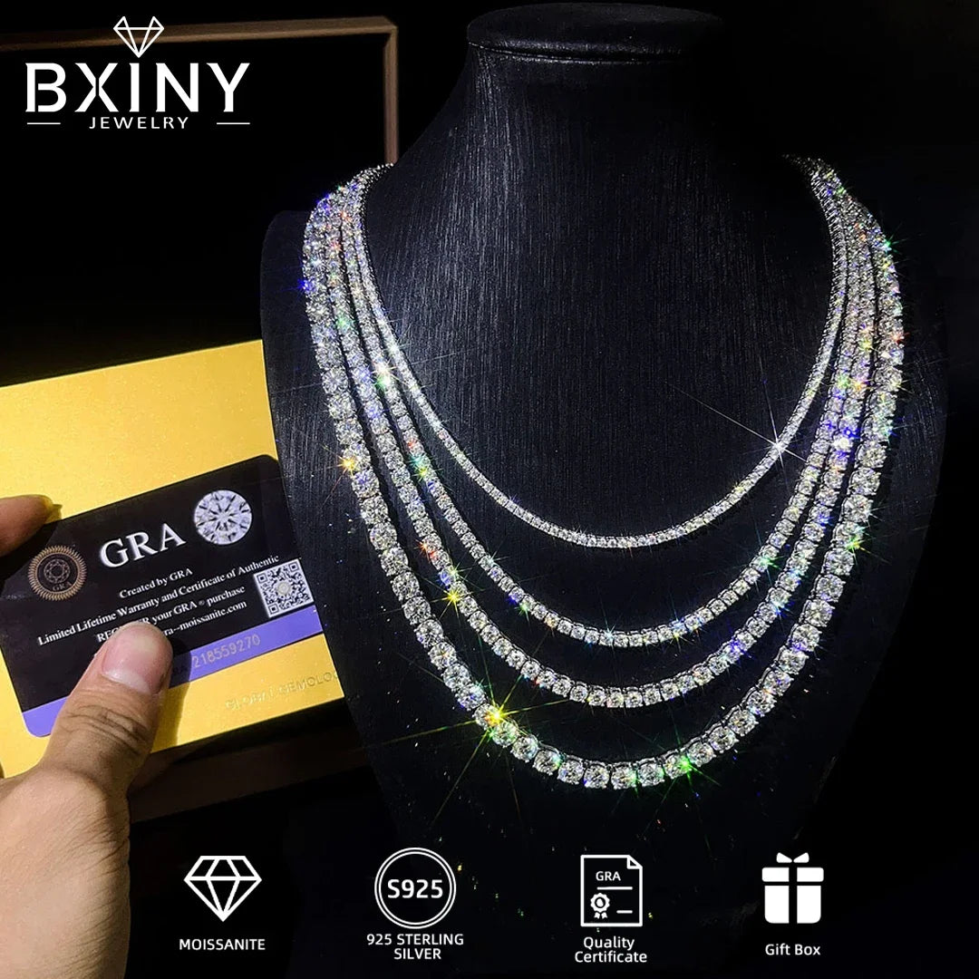BXINY GRA Certified 3/4/5mm Moissanite Tennis Necklace S925 Silver Sparkling Lab Diamond for Women Men Hiphop Party