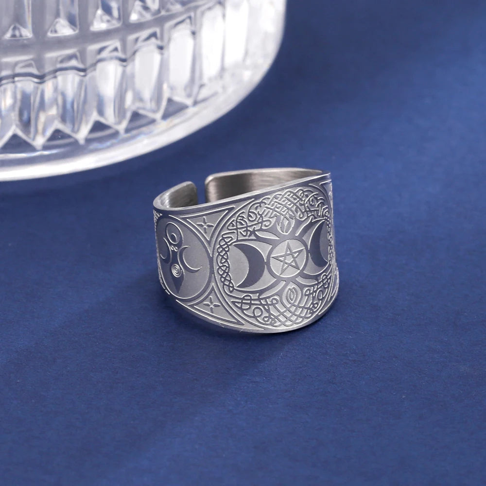 Triple Moon Pentagram Tree of Life Ring — Stainless Steel