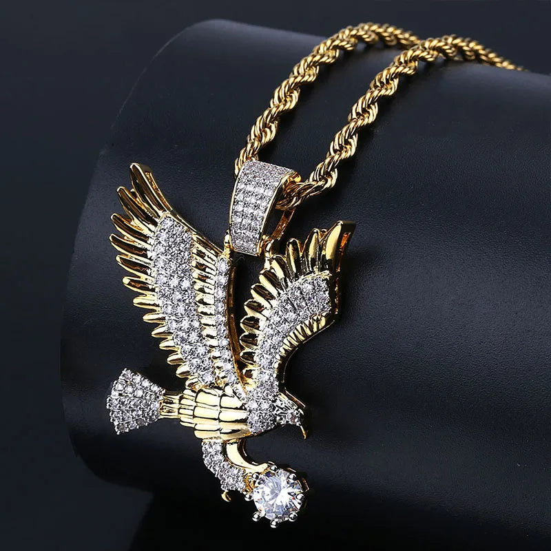 Fashionable Shiny Zircon Flying Eagle Animal Pendant Necklace for Men Hip Hop Rock Party Jewelry