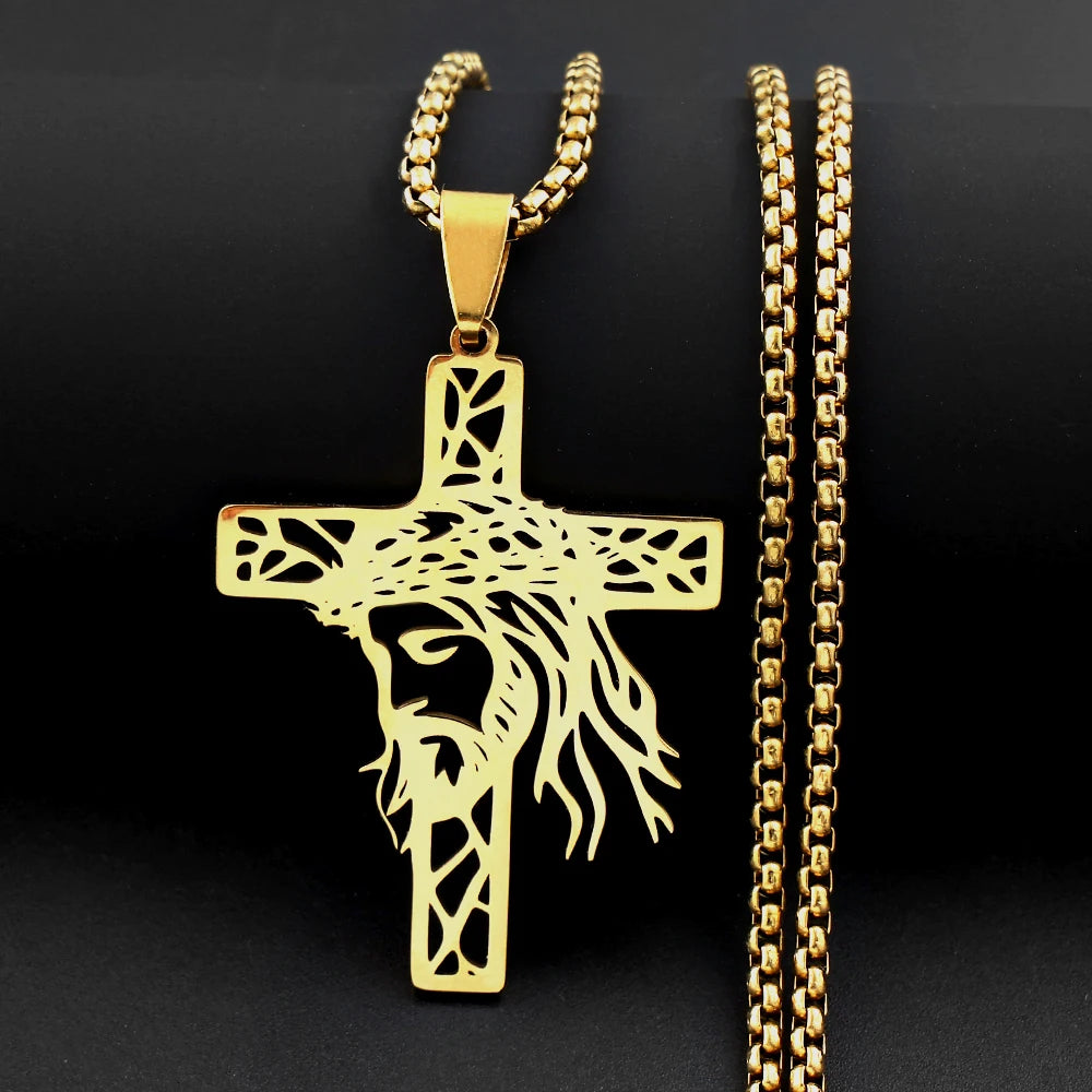 Hollow Crown of Thorns Jesus Cross Pendant Necklace for Women Men Stainless Steel Gold Plated Crucifix Chain Faith Jewelry Gift