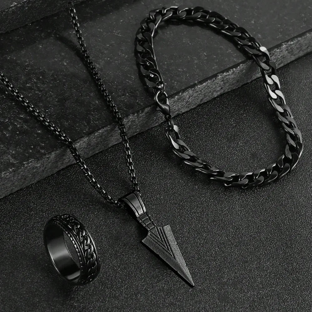 Black-Tone Cross Pendant Necklace Bracelet Ring Set for Men