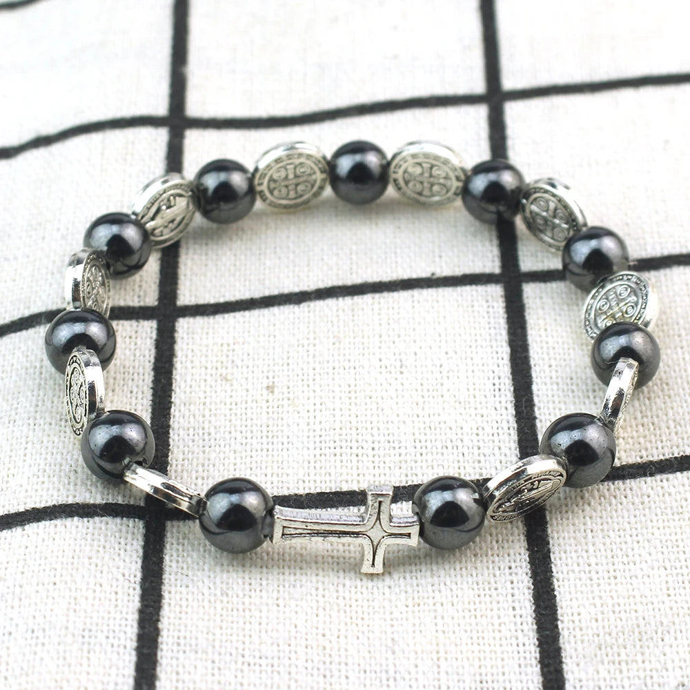 Catholic Rosary Bracelet St. Benedict Medal Cross Prayer Bracelets Hematite Beads Religion Jewelry Accessories Gifts