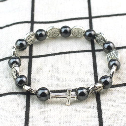 Catholic Cross Hematite Prayer Bead Steel Bracelet