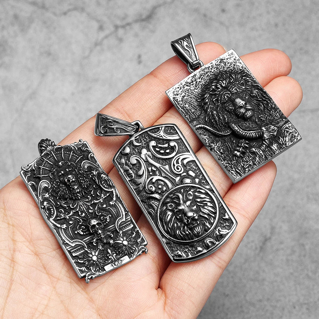 Vintage Lion Head Dog Tag Necklace — Stainless Steel