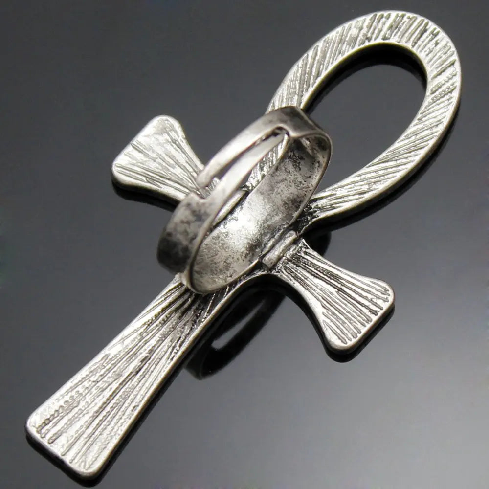 Vintage Carved Egyptian Scriptures Big Ankh Cross Finger Ring For Women Men Gothic Open Crosses Amulet Band Jewelry