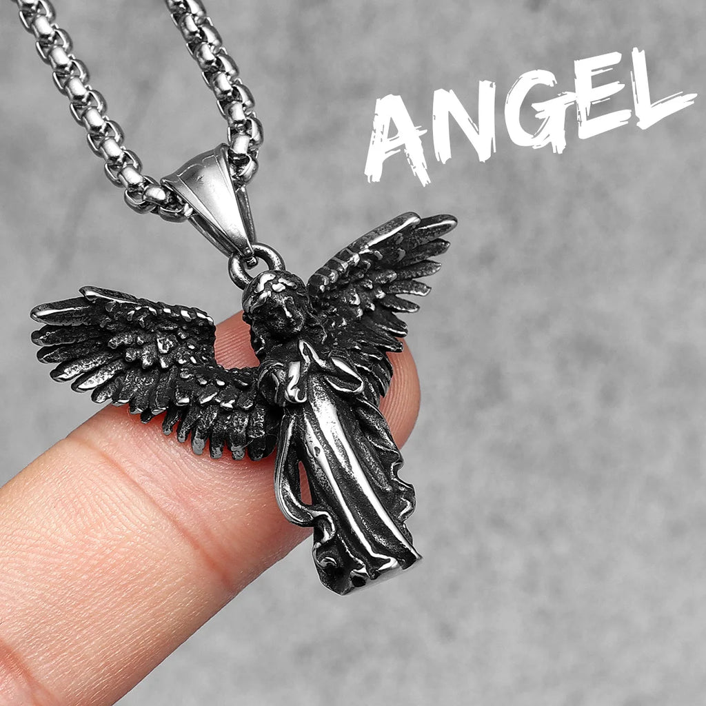 Angel Wing Cross Pendant — Stainless Steel