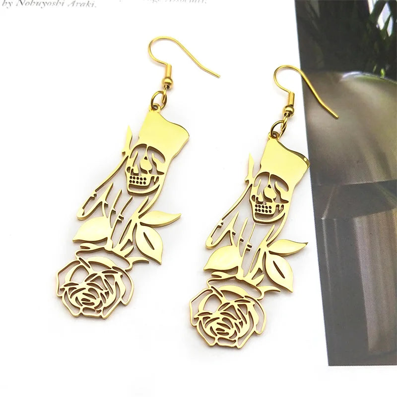 Gothic Skull Gold Earrings Vintage Rose Flower