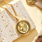Vintage Wolf Head Necklace Brass 3D Embossed Wolf Coin Pendant Stainless Steel Chain Norse Animal Totem Jewelry Gift