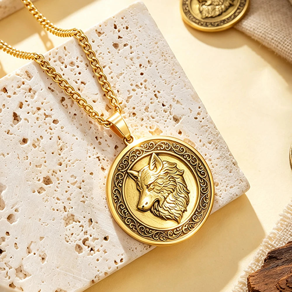 Vintage Wolf Head Necklace Brass 3D Embossed Wolf Coin Pendant Stainless Steel Chain Norse Animal Totem Jewelry Gift