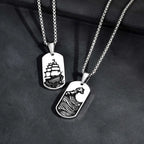 Punk Sea Wave Dog Tag Necklace for Men,Stainless Steel Black Oill Sailboat Military Pendant,Gift to Husband Son Dad
