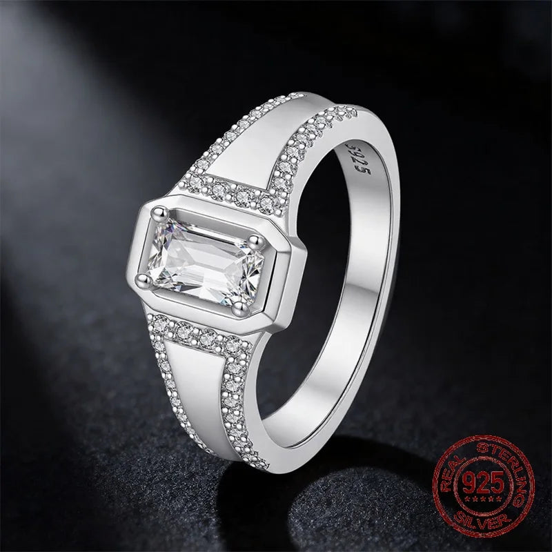 Men's Ring 925 Sterling Silver Couple Rings Square CZ Inlay Minimalist Daily Wear Jewelry Gift for Men Valentine's Day