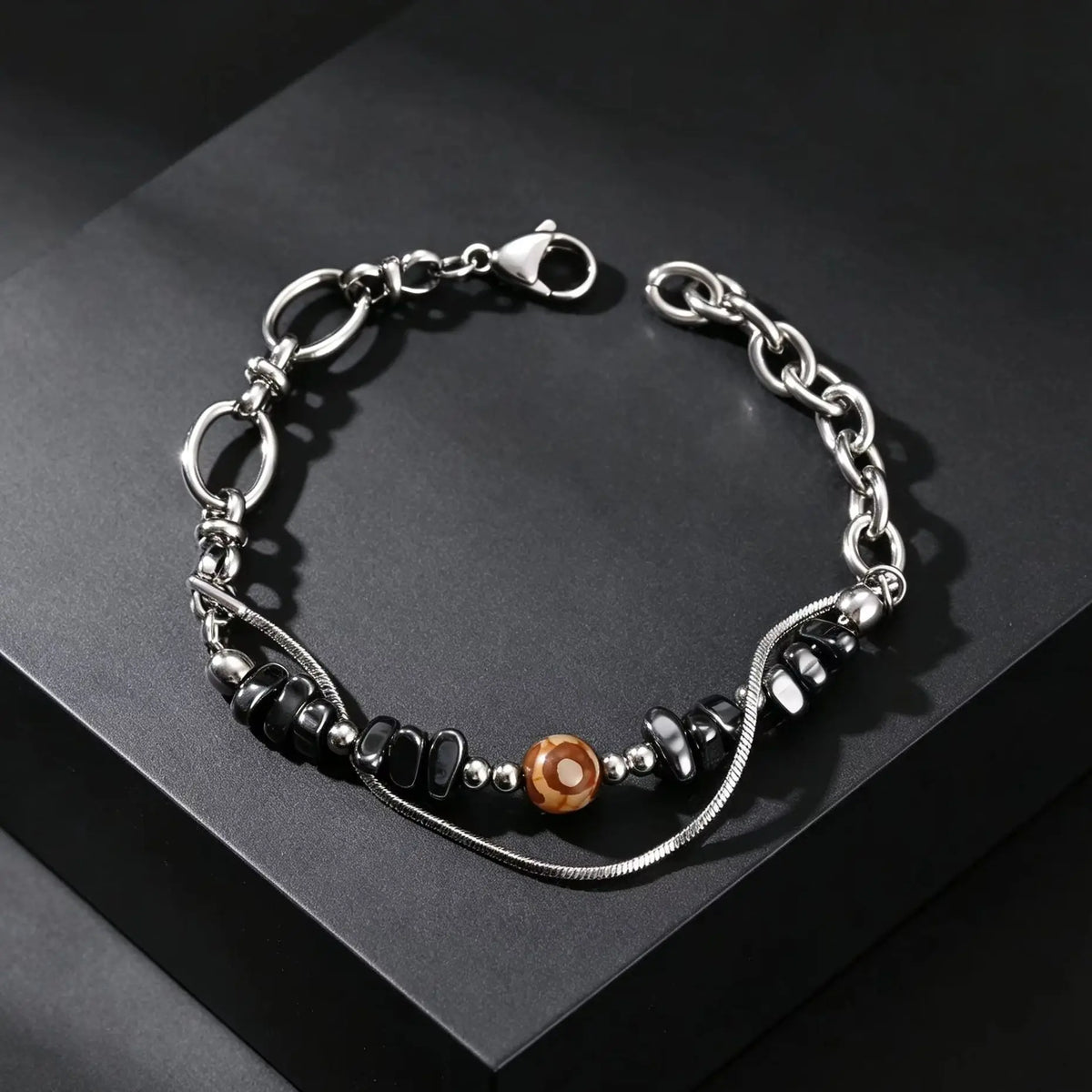 Double-Layer Black Natural Stone Bead Bracelet — Stainless Steel