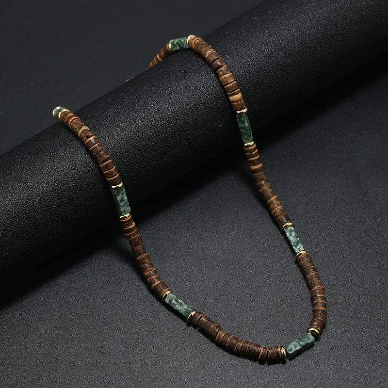 Vintage Bohemian Summer Jewelry Ethnic Style Jewelry Brown Coconut Shell Wood Beads Natural Stone Necklace Men's Jewelry
