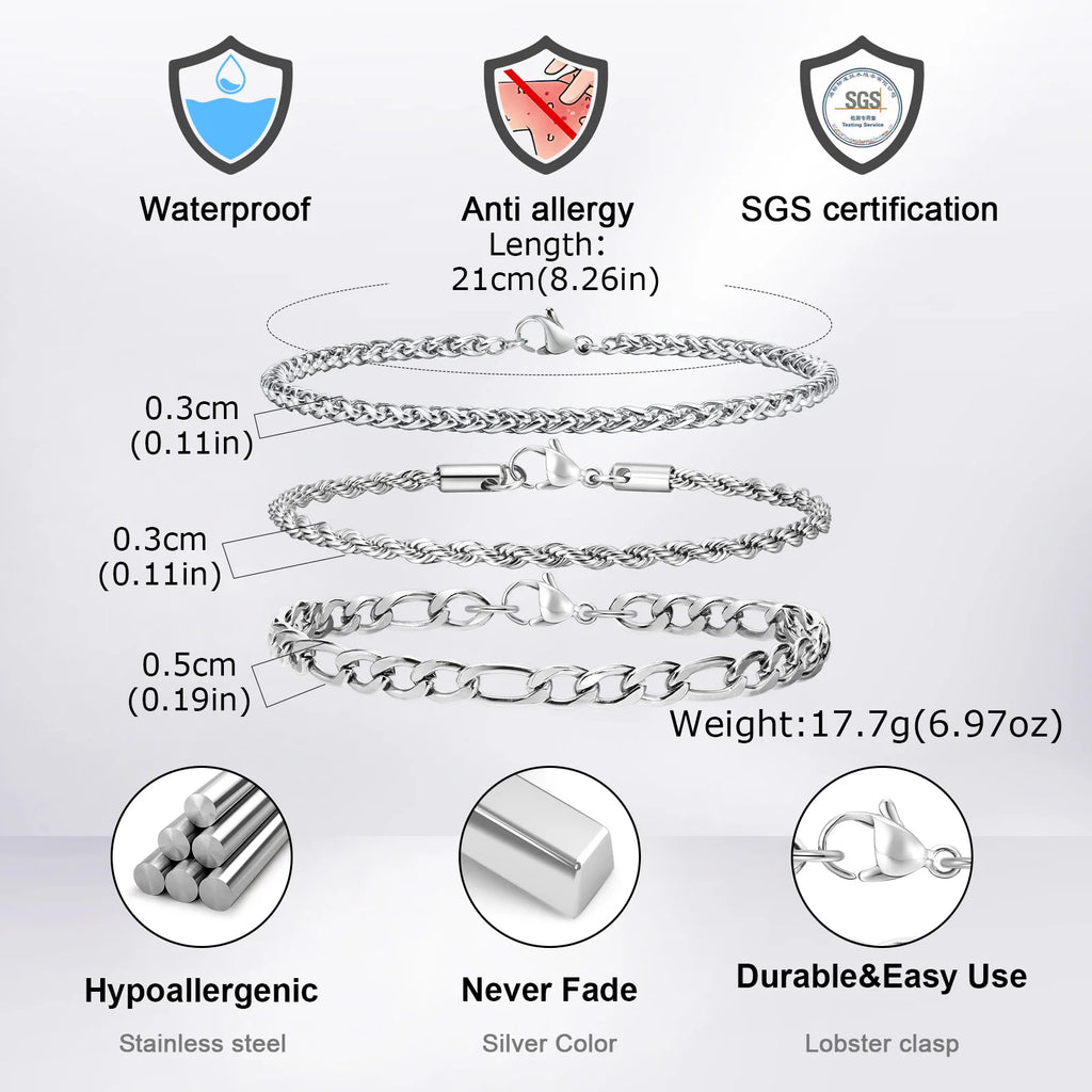 Silver Wheat Chain Bracelet Set — Stainless Steel