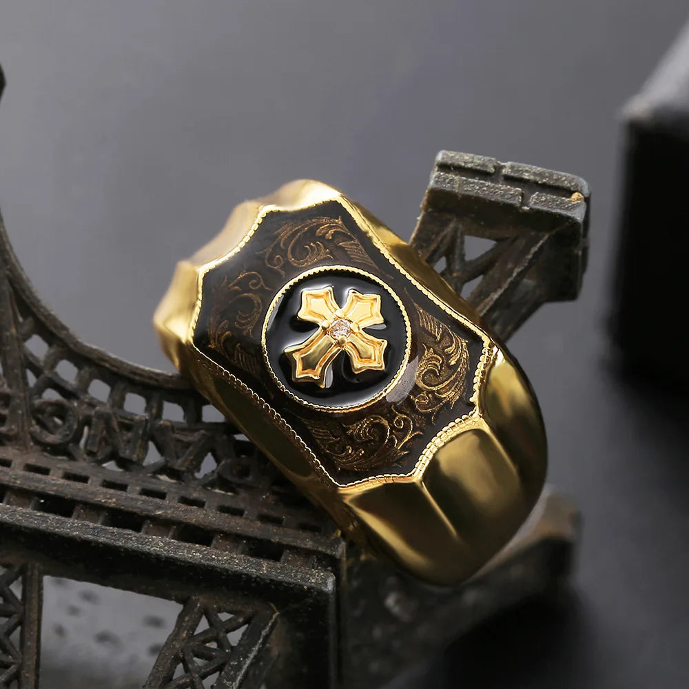 Men's Black Cross Ring — Gold-Tone
