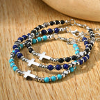 Vnox Men's Cross Natural Stone Beads Bracelets, 19-24cm Adjustable Length Lobster Clasp Trendy Chain Wristband Jewelry for Him