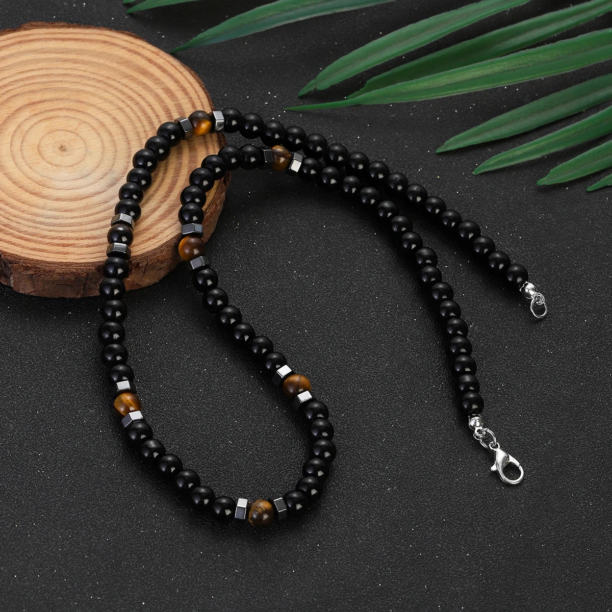 Obsidian Tiger Eye Minimalist Choker Necklace — Black-Tone, 6mm